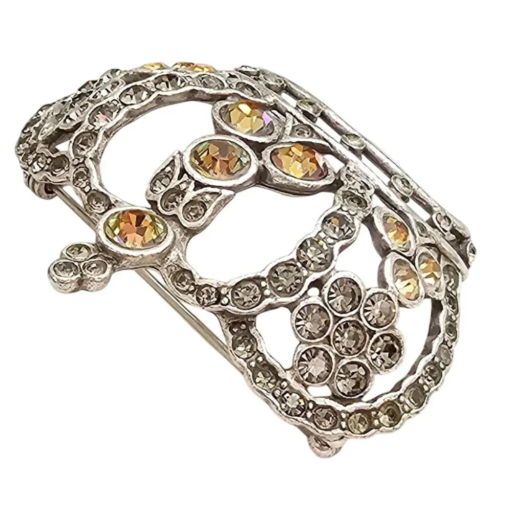 Anne Klein Silver Tone Crown Brooch, Smoky Vitrail Rhinestone Pin Signed, J303